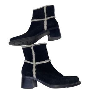 The Donald suede bootie in black with sherpa detailing, small heel SZ 10
